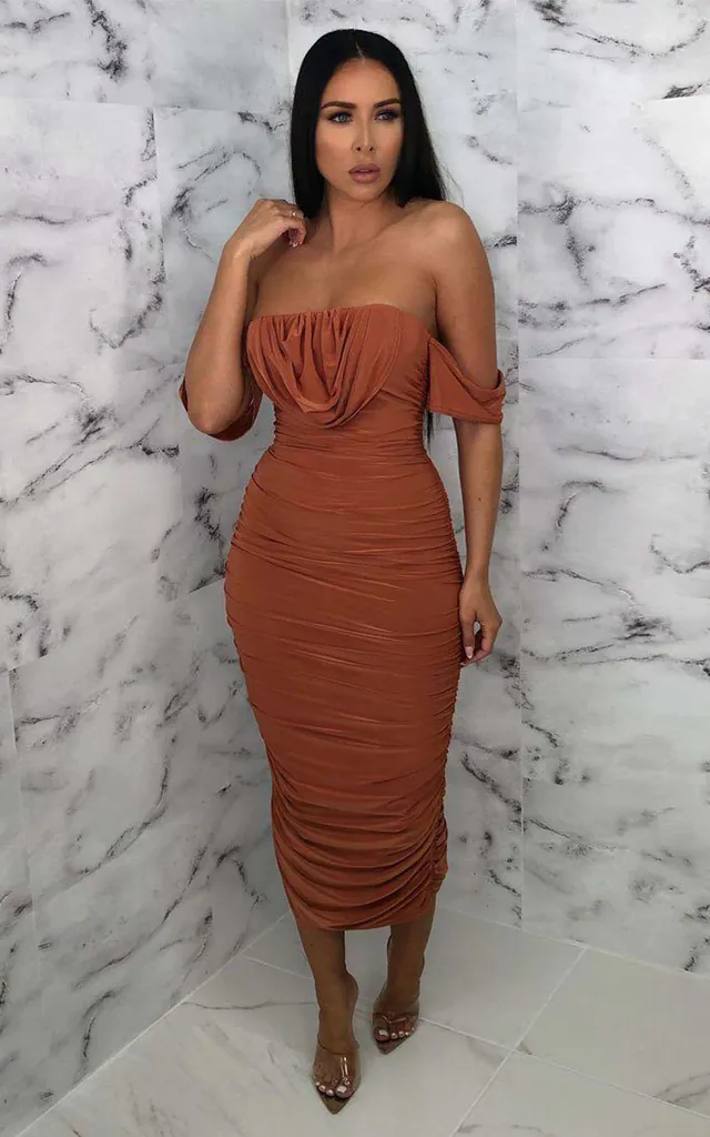 rust floral print satin draped bardot midi dress ASOS DESIGN mesh draped bardot layered neckline midi dress with flower trim in floral print