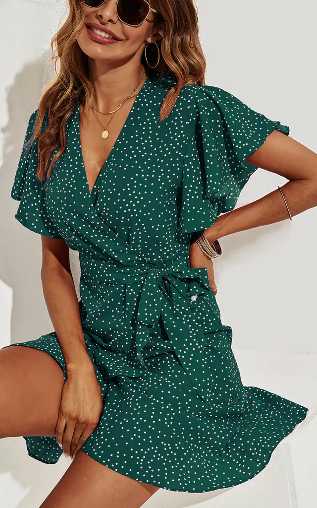 White Dot Mini Wrap Style Dress In Green | FS Collection | SilkFred White Dot Mini Wrap Style Dress In Green | FS Collection | SilkFred