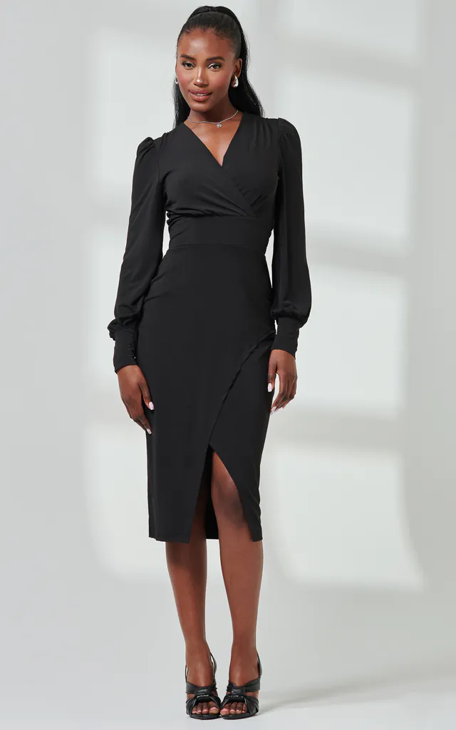 Jersey Wrap Slit Pencil Dress, Black | JOLIE MOI | SilkFred Jersey Wrap Slit Pencil Dress, Black | JOLIE MOI | SilkFred