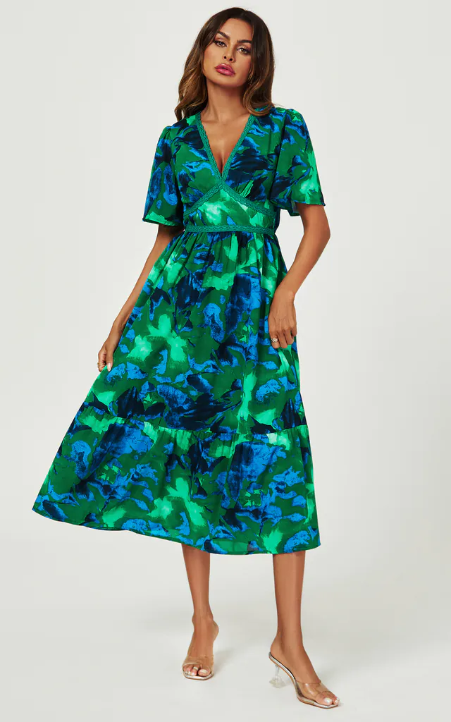 Abstract Floral Print Lace Trim Deep V-Neck Angel Sleeve Midi Dress In Green | FS Collection | SilkFred Abstract Floral Print Lace Trim Deep V-Neck Angel Sleeve Midi Dress In Green | FS Collection | SilkFred