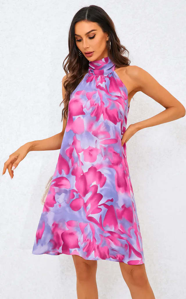 Abstract Floral Print Halter Neck Tie Back Mini Dress In Pink | FS Collection | SilkFred Abstract Floral Print Halter Neck Tie Back Mini Dress In Pink | FS Collection | SilkFred