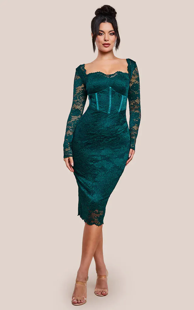 Long Sleeve Emerald Green Lace Dress Uk Goddiva Scalloped Lace Corset Bodice Midi Dress In Red Long Sleeve Emerald Green Lace Dress Uk Goddiva Scalloped Lace Corset Bodice Midi Dress In Red