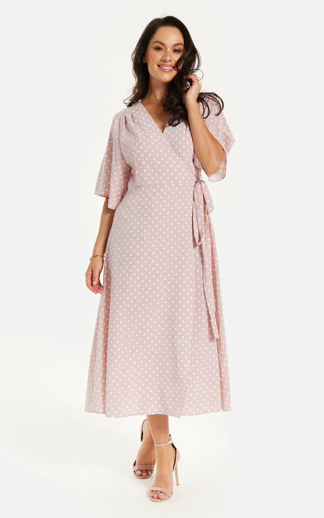 POLKA DOT MIDI WRAP DRESS IN LIGHT PINK | Liquorish | SilkFred POLKA DOT MIDI WRAP DRESS IN LIGHT PINK | Liquorish | SilkFred
