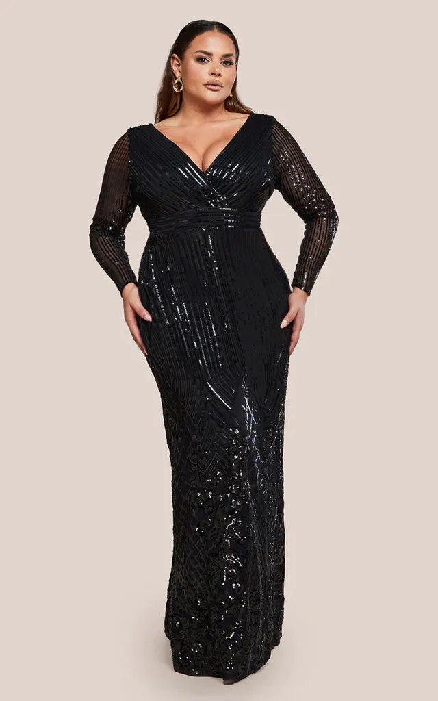 Plus size Long Sleeve Sequin V Wrap Maxi Dress in Black | Goddiva | SilkFred Plus size Long Sleeve Sequin V Wrap Maxi Dress in Black | Goddiva | SilkFred