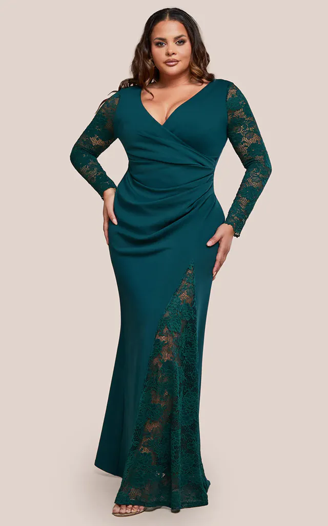 Plus Size Scuba & Lace Wrap Maxi Dress In Emerald | Goddiva | SilkFred Plus Size Scuba & Lace Wrap Maxi Dress In Emerald | Goddiva | SilkFred