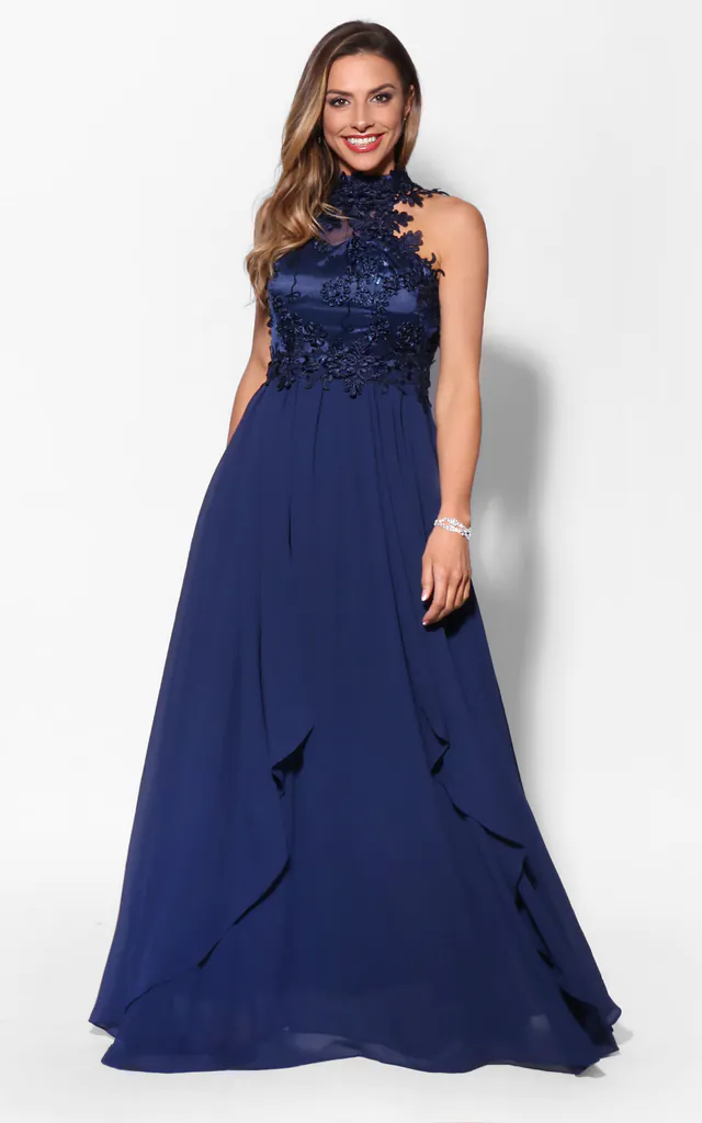 Lace & Crochet Navy Chiffon Halterneck Maxi Dress | KRISP | SilkFred Lace & Crochet Navy Chiffon Halterneck Maxi Dress | KRISP | SilkFred