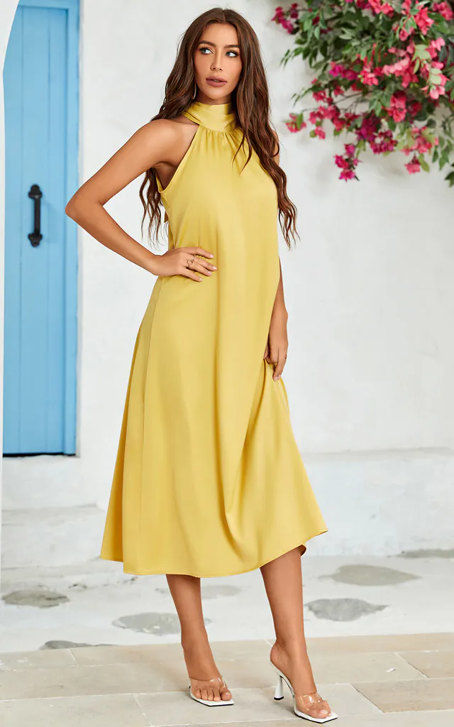 Yellow Satin Halter Neck Tie Back Midi Dress with Detachable Camellia Flower Brooch | FS Collection | SilkFred Yellow Satin Halter Neck Tie Back Midi Dress with Detachable Camellia Flower Brooch | FS Collection | SilkFred