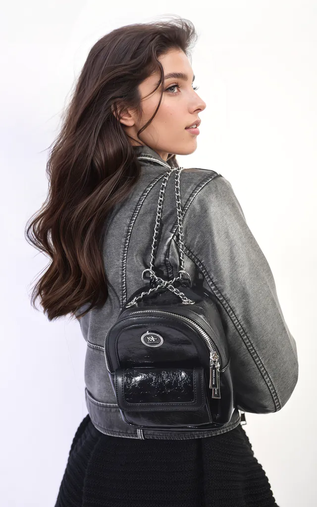 black mini backpack with chain MZ Wallace Crosby Zipper 8W x 10H in.20.32W x 25.40H cm.Material Francesca Mini Backpack with Chain
