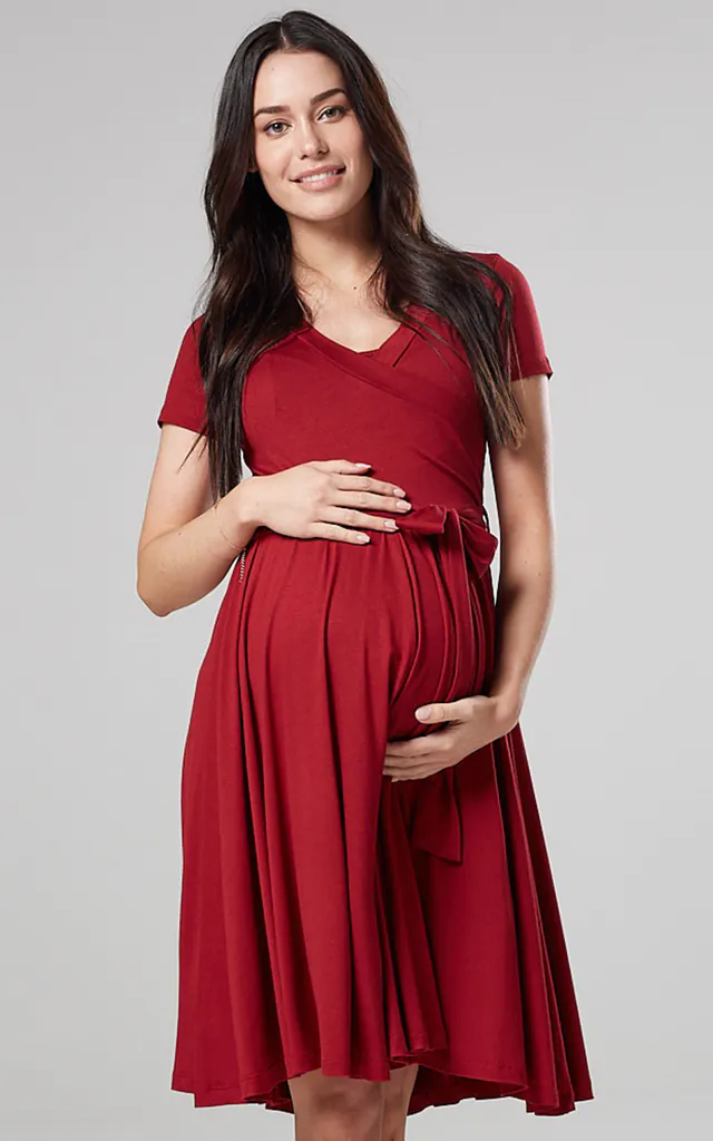 Maternity Wrap Empire Waist Nursing Dress In Crimson | Happy Mama | SilkFred Maternity Wrap Empire Waist Nursing Dress In Crimson | Happy Mama | SilkFred