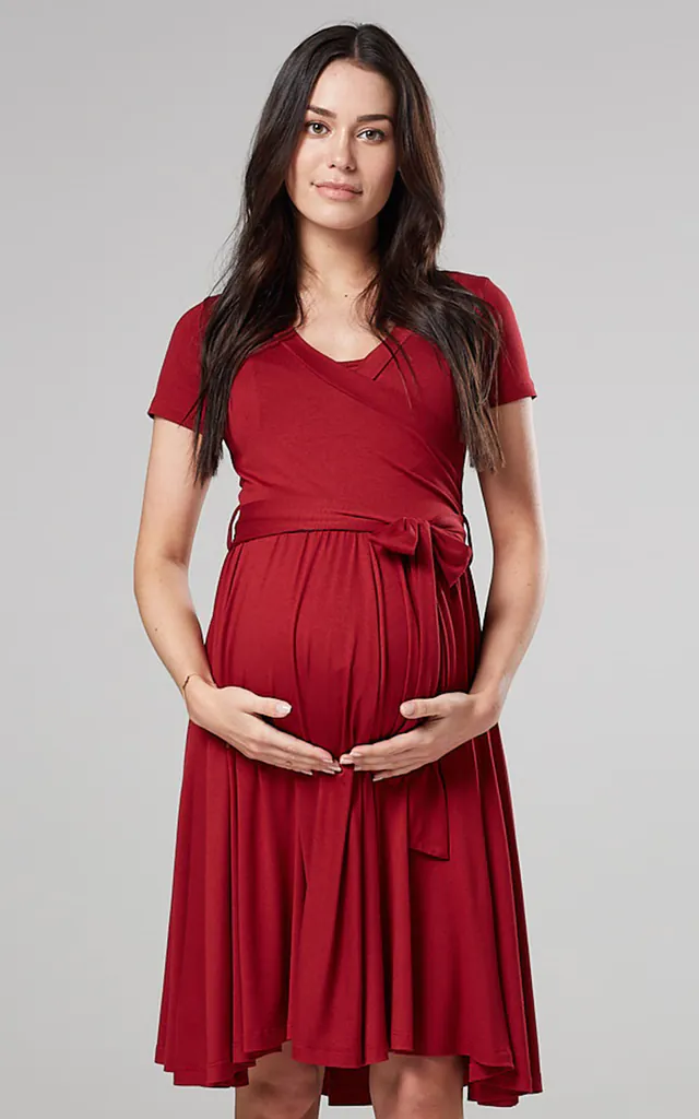 Maternity Wrap Empire Waist Nursing Dress In Crimson | Happy Mama | SilkFred Maternity Wrap Empire Waist Nursing Dress In Crimson | Happy Mama | SilkFred