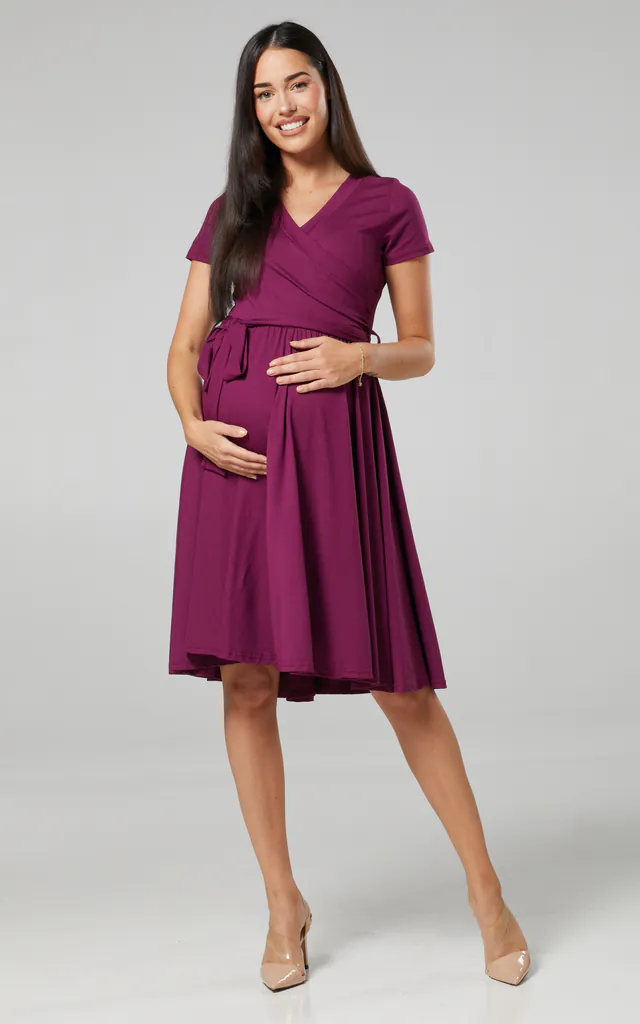 Maternity Wrap Empire Waist Nursing Dress In Plum | Happy Mama | SilkFred Maternity Wrap Empire Waist Nursing Dress In Plum | Happy Mama | SilkFred