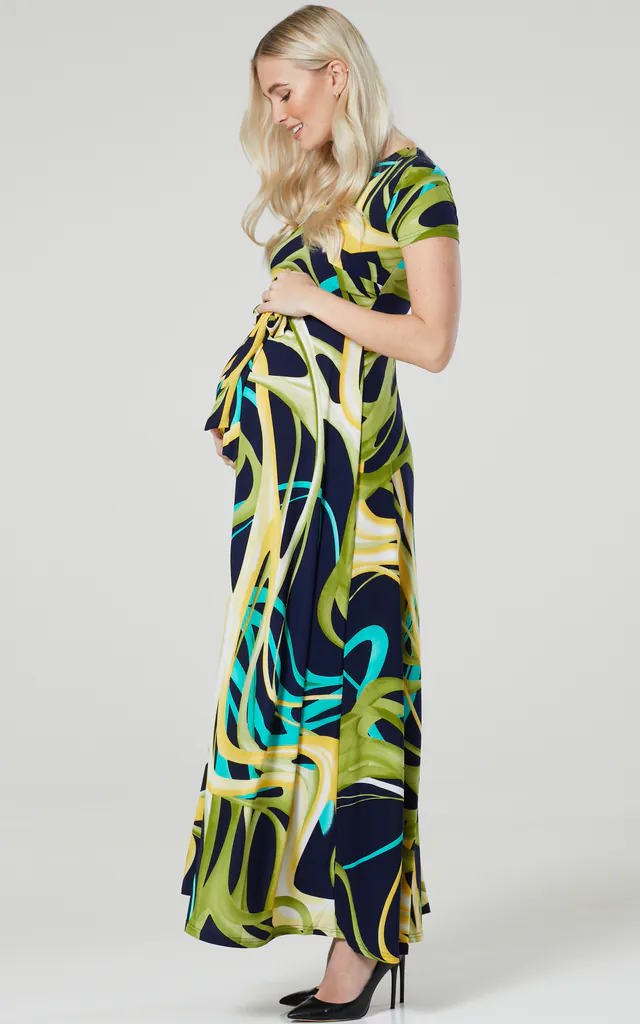 Maternity Nursing Maxi Wrap Dress in Navy & Neon Green Stripes | Happy Mama | SilkFred Maternity Nursing Maxi Wrap Dress in Navy & Neon Green Stripes | Happy Mama | SilkFred