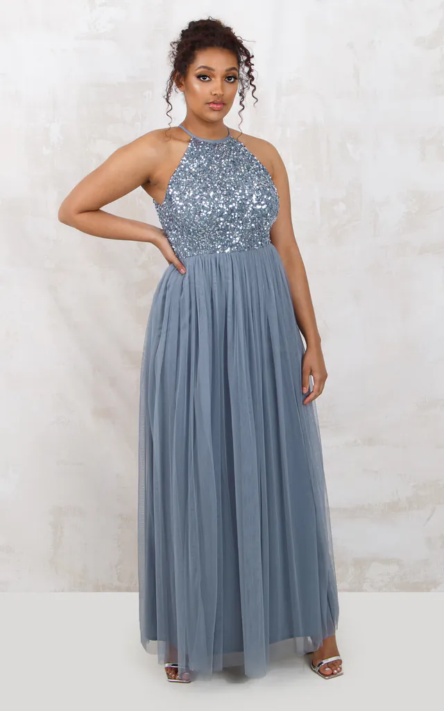 Dusty Blue Embellished Halter Neck Bridesmaid Maxi Dress | Maya Deluxe | SilkFred Dusty Blue Embellished Halter Neck Bridesmaid Maxi Dress | Maya Deluxe | SilkFred