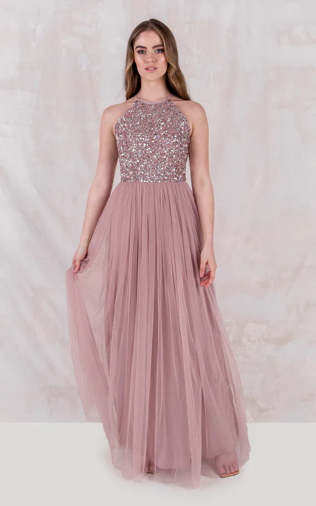 Frosted Pink Embellished Halter Neck Bridesmaid Maxi Dress | Maya Deluxe | SilkFred Frosted Pink Embellished Halter Neck Bridesmaid Maxi Dress | Maya Deluxe | SilkFred