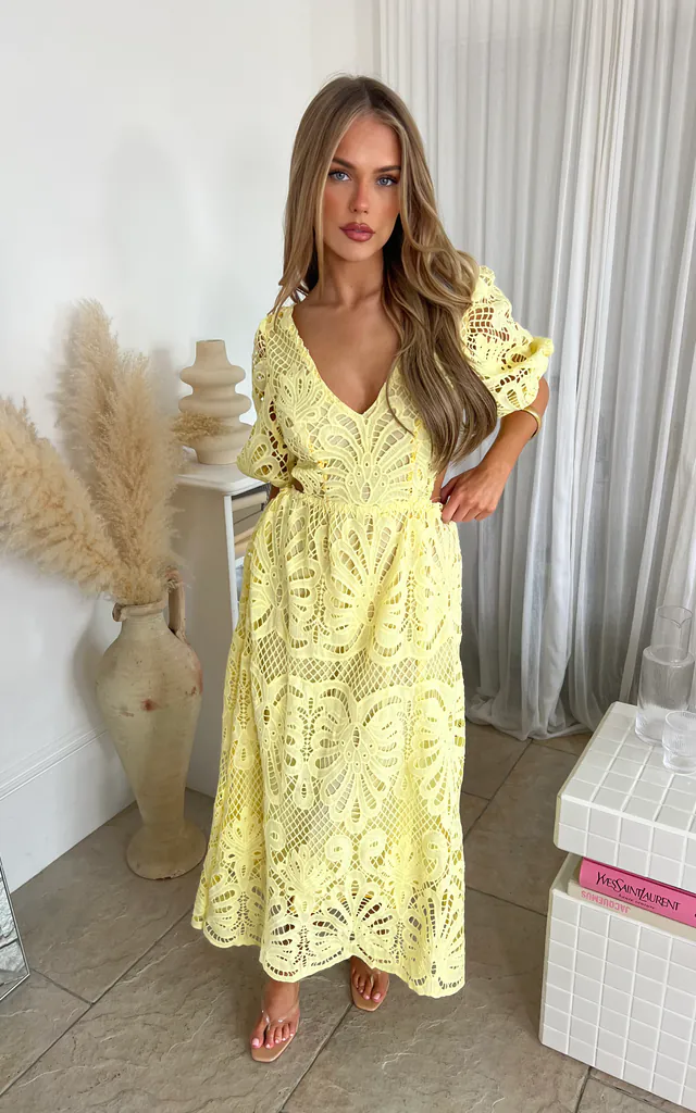 Yellow lemon open back lace puff sleeve formal wedding guest dress | Luxy Boutique | SilkFred Yellow lemon open back lace puff sleeve formal wedding guest dress | Luxy Boutique | SilkFred