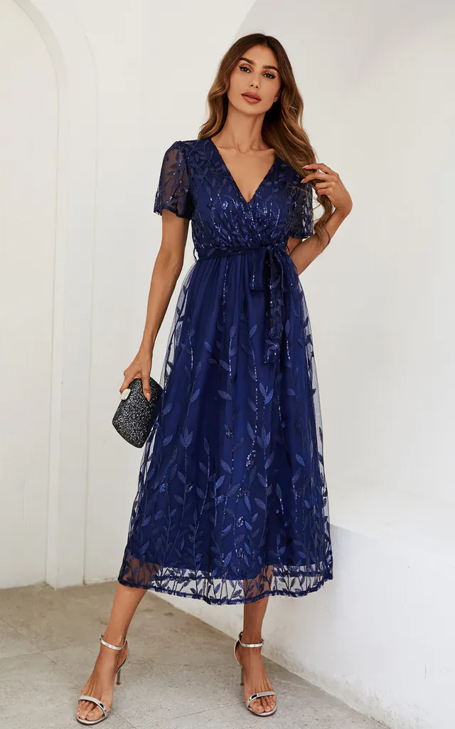 Sequin Leaf Embroidered Wrap Top Maxi Dress In Navy | FS Collection | SilkFred Sequin Leaf Embroidered Wrap Top Maxi Dress In Navy | FS Collection | SilkFred