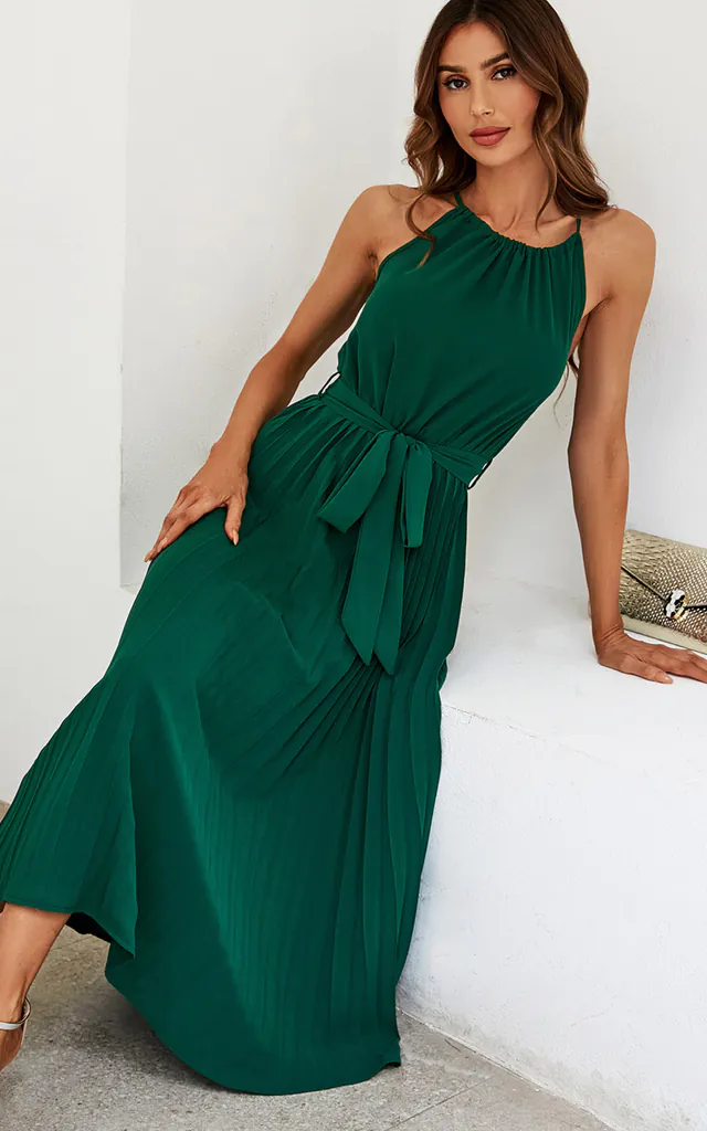 Halter Neck Pleated Midi Dress In Green | FS Collection | SilkFred Halter Neck Pleated Midi Dress In Green | FS Collection | SilkFred