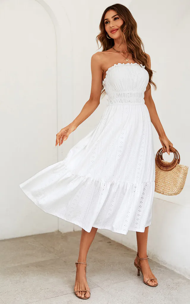 white bandeau beach dress H&M Flounced Ruffle White Sleeveless Bandeau Slit Beach Dress Cover Up XS / S