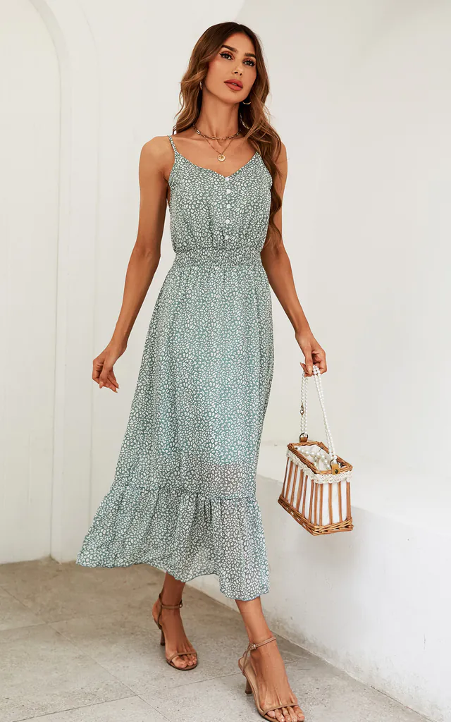 Leopard Print Strappy Ruffle hem Maxi Dress In Mint Green | FS Collection | SilkFred Leopard Print Strappy Ruffle hem Maxi Dress In Mint Green | FS Collection | SilkFred