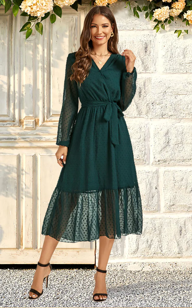 Long Sleeve Dobby Chiffon Wrap Style Midi Dress In Dark Green | FS Collection | SilkFred Long Sleeve Dobby Chiffon Wrap Style Midi Dress In Dark Green | FS Collection | SilkFred