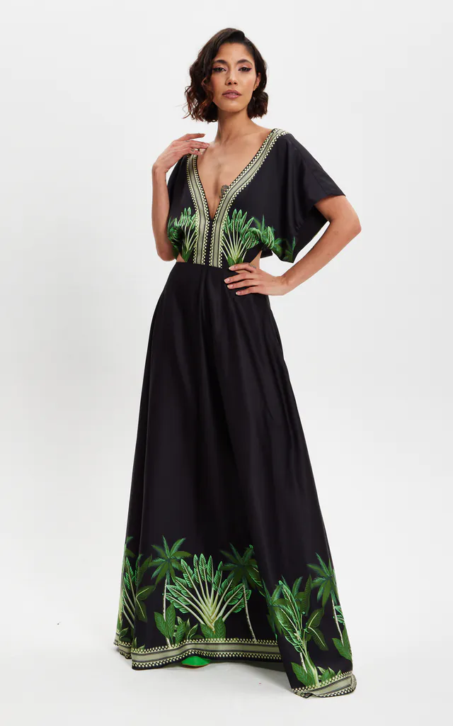Leaf Printed V-Neck Back Detail A-Line Maxi Dress | Liquorish | SilkFred Leaf Printed V-Neck Back Detail A-Line Maxi Dress | Liquorish | SilkFred