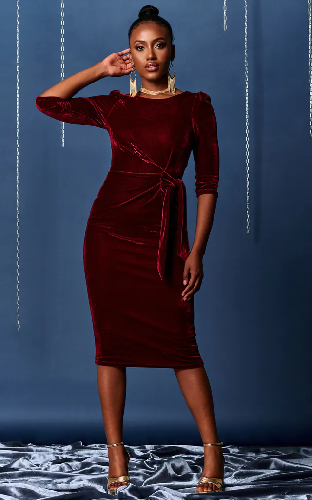 Velvet Tie Detail Bodycon Dress, Burgundy | JOLIE MOI | SilkFred Velvet Tie Detail Bodycon Dress, Burgundy | JOLIE MOI | SilkFred
