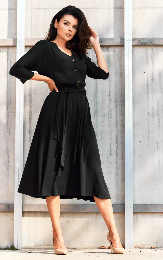 Button-up Midi Dress with Waist Belt in Black | AWAMA | SilkFred Button-up Midi Dress with Waist Belt in Black | AWAMA | SilkFred