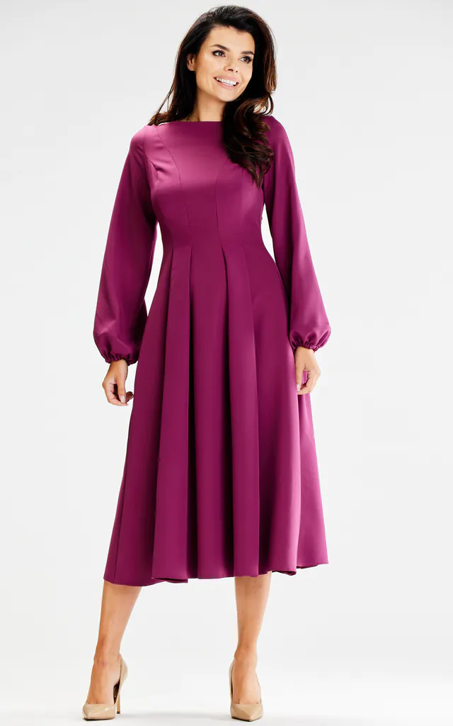 Elegant Purple Midi Dress with Long Sleeves | AWAMA | SilkFred Elegant Purple Midi Dress with Long Sleeves | AWAMA | SilkFred