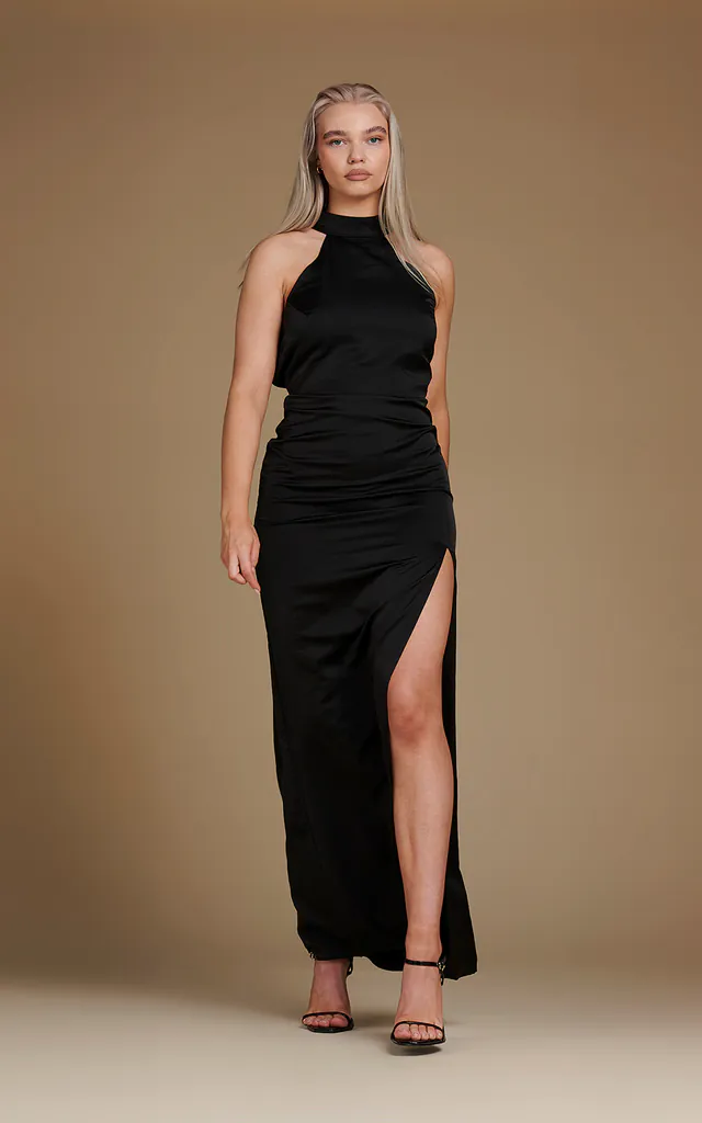 Halter neck long satin dress with slit in black | Altera London | SilkFred Halter neck long satin dress with slit in black | Altera London | SilkFred