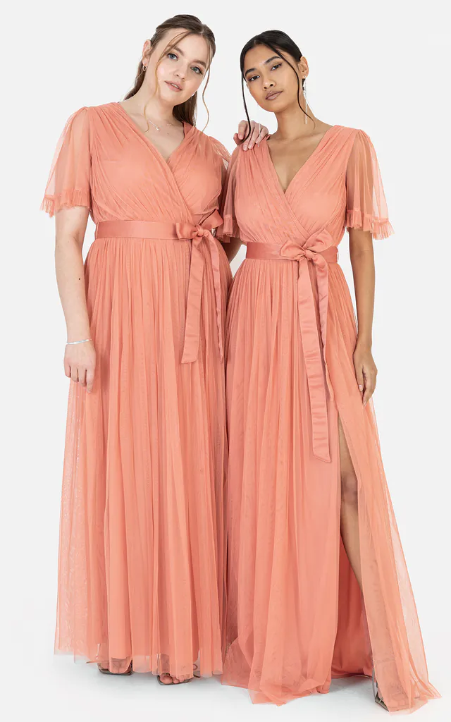 Recycled Bridesmaid Coral Faux Wrap Maxi Dress With Sash Belt | Anaya With Love | SilkFred Recycled Bridesmaid Coral Faux Wrap Maxi Dress With Sash Belt | Anaya With Love | SilkFred