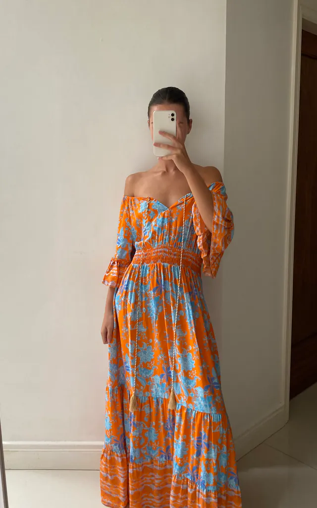 Orange and Blue Shirred Floral Maxi Dress | Charli | SilkFred Orange and Blue Shirred Floral Maxi Dress | Charli | SilkFred
