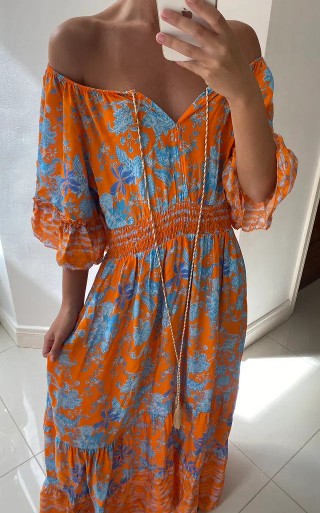Orange and Blue Shirred Floral Maxi Dress | Charli | SilkFred Orange and Blue Shirred Floral Maxi Dress | Charli | SilkFred