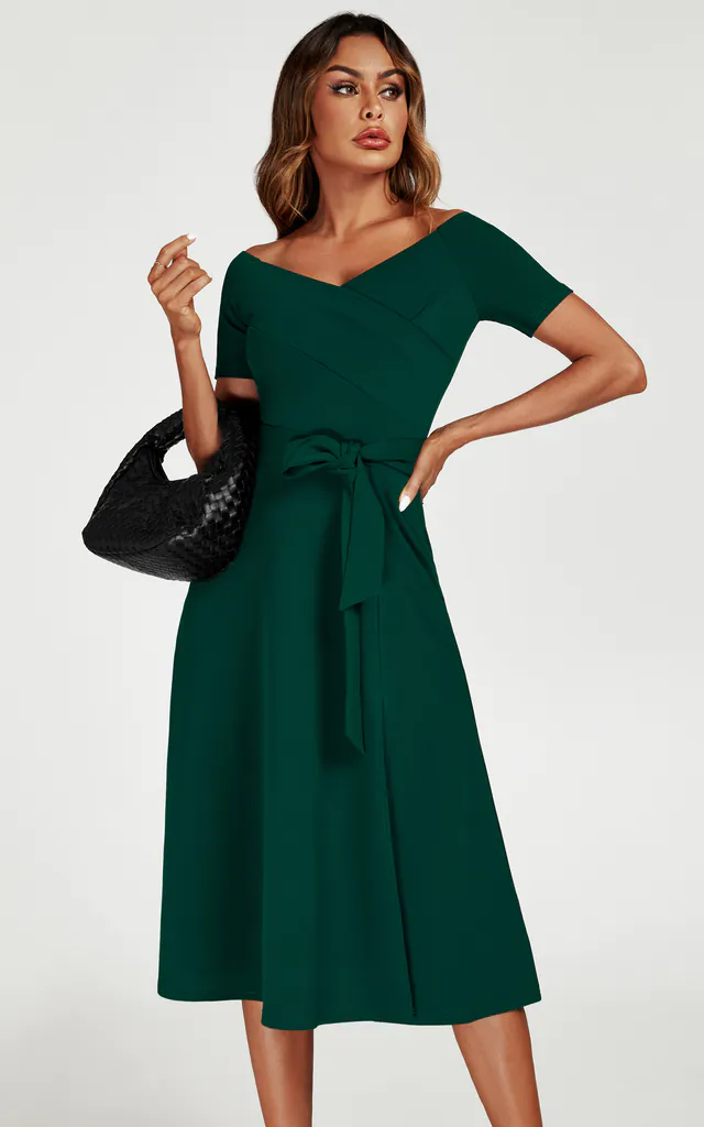 Bardot Midi Dress In Green | FS Collection | SilkFred Bardot Midi Dress In Green | FS Collection | SilkFred