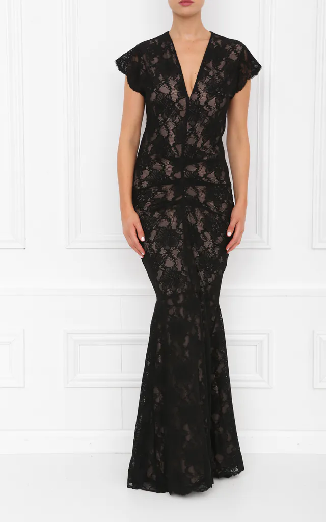 Arianna Black Lace Nude Underline Maxi Dress With Fishtail & Cap Sleeve | Honor Gold | SilkFred Arianna Black Lace Nude Underline Maxi Dress With Fishtail & Cap Sleeve | Honor Gold | SilkFred