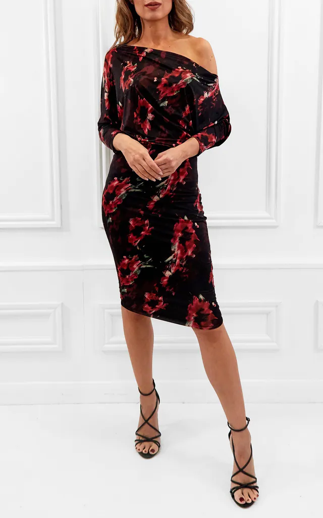 Aubrey black/red bardot off the shoulder / batwing floral midi wedding guest dress | Honor Gold | SilkFred Aubrey black/red bardot off the shoulder / batwing floral midi wedding guest dress | Honor Gold | SilkFred