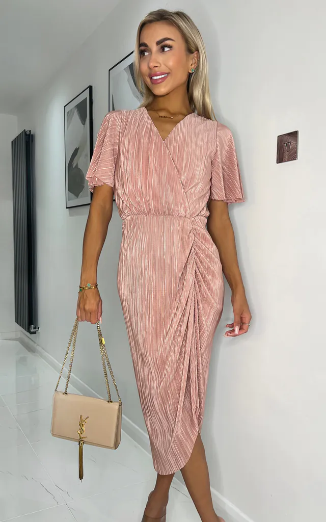 Champagne Wrap Top Short Sleeve Plisse Gathered Midi Dress | AX Paris | SilkFred Champagne Wrap Top Short Sleeve Plisse Gathered Midi Dress | AX Paris | SilkFred
