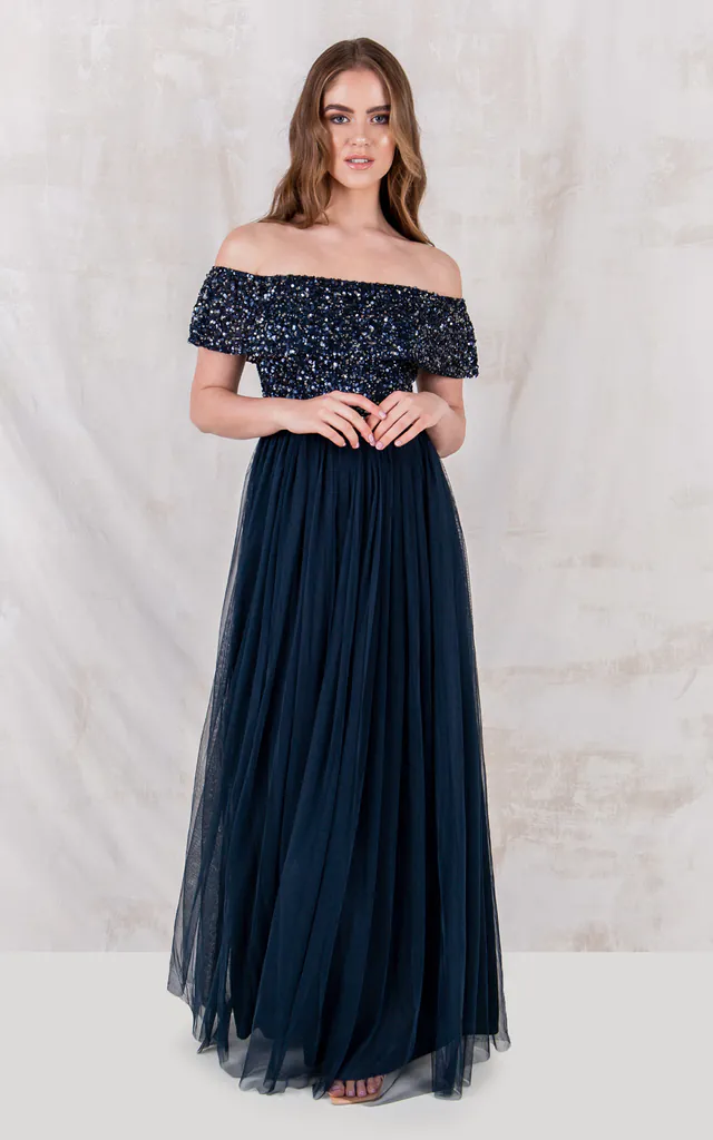 bridesmaid navy bardot lace insert fishtail maxi dress The Best Navy Bridesmaid Dresses