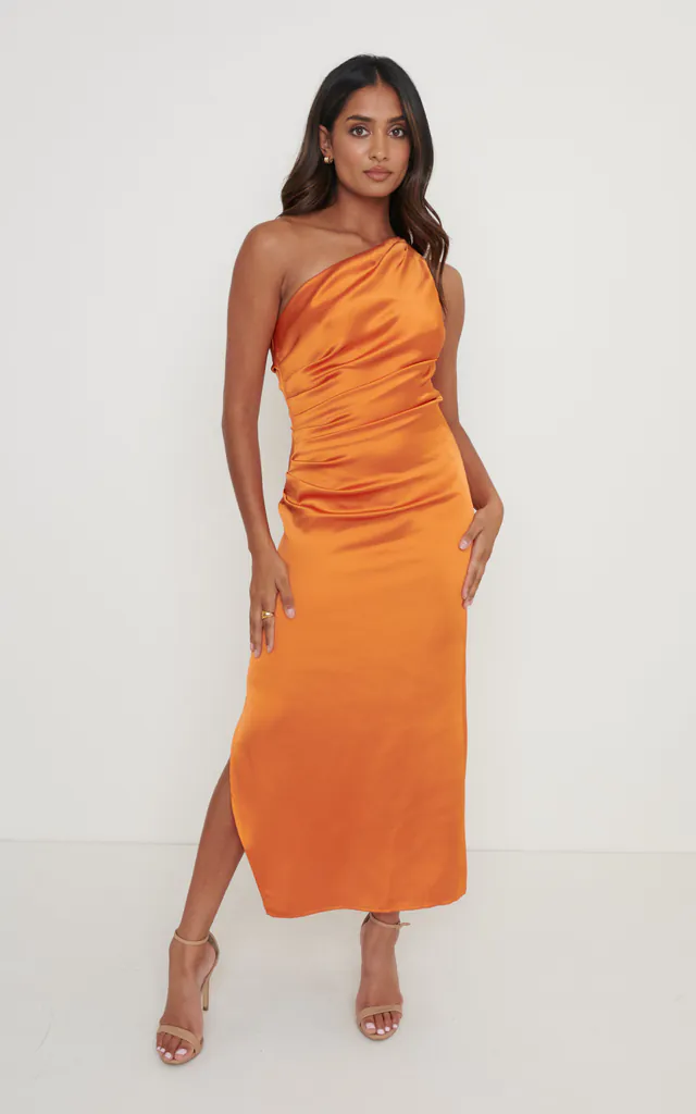 Amelia One Shoulder Ruched Satin Dress - Orange | Pretty Lavish | SilkFred Amelia One Shoulder Ruched Satin Dress - Orange | Pretty Lavish | SilkFred