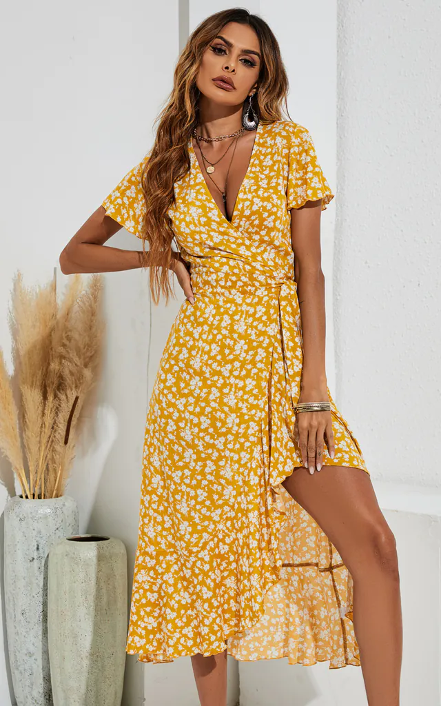Floral Print Wrap Hem Midi Dress In Yellow | FS Collection | SilkFred Floral Print Wrap Hem Midi Dress In Yellow | FS Collection | SilkFred