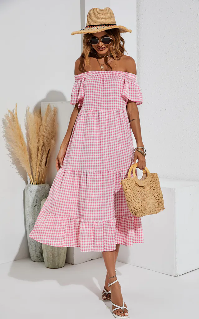 Relaxed Off Shoulder Bardot Frill Midi Dress In Pink | FS Collection | SilkFred Relaxed Off Shoulder Bardot Frill Midi Dress In Pink | FS Collection | SilkFred