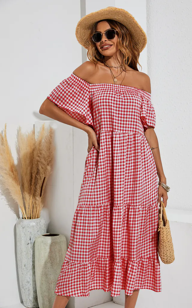 Relaxed Off Shoulder Bardot Frill Midi Dress In Red | FS Collection | SilkFred Relaxed Off Shoulder Bardot Frill Midi Dress In Red | FS Collection | SilkFred