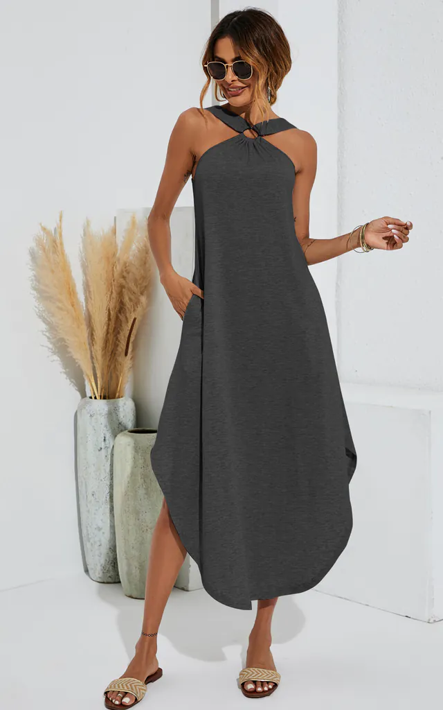 Leg Slip Halter Neck Curve Hem Midi Dress In Charcoal Grey | FS Collection | SilkFred Leg Slip Halter Neck Curve Hem Midi Dress In Charcoal Grey | FS Collection | SilkFred