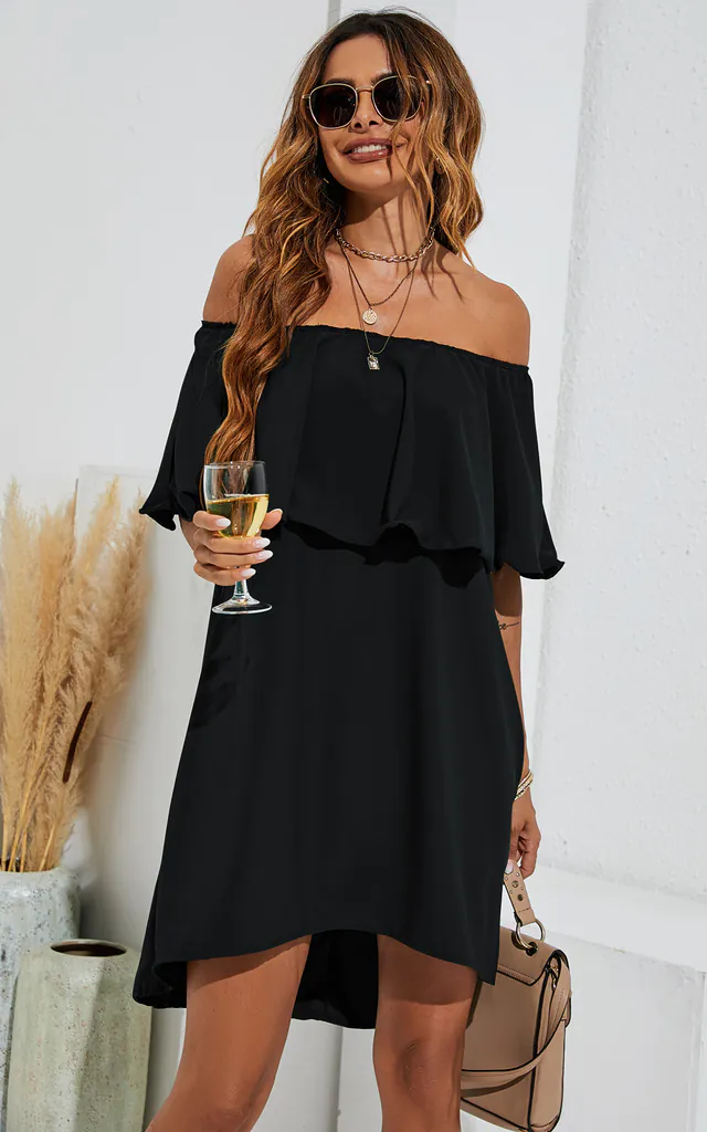 Bardot Frill Off Shoulder Mini Dress In Black | FS Collection | SilkFred Bardot Frill Off Shoulder Mini Dress In Black | FS Collection | SilkFred