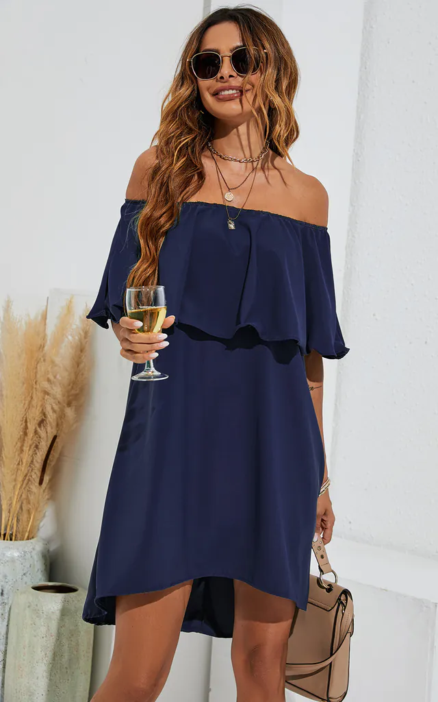 Navy Bardot Frill Off Shoulder Mini Dress | FS Collection | SilkFred Navy Bardot Frill Off Shoulder Mini Dress | FS Collection | SilkFred