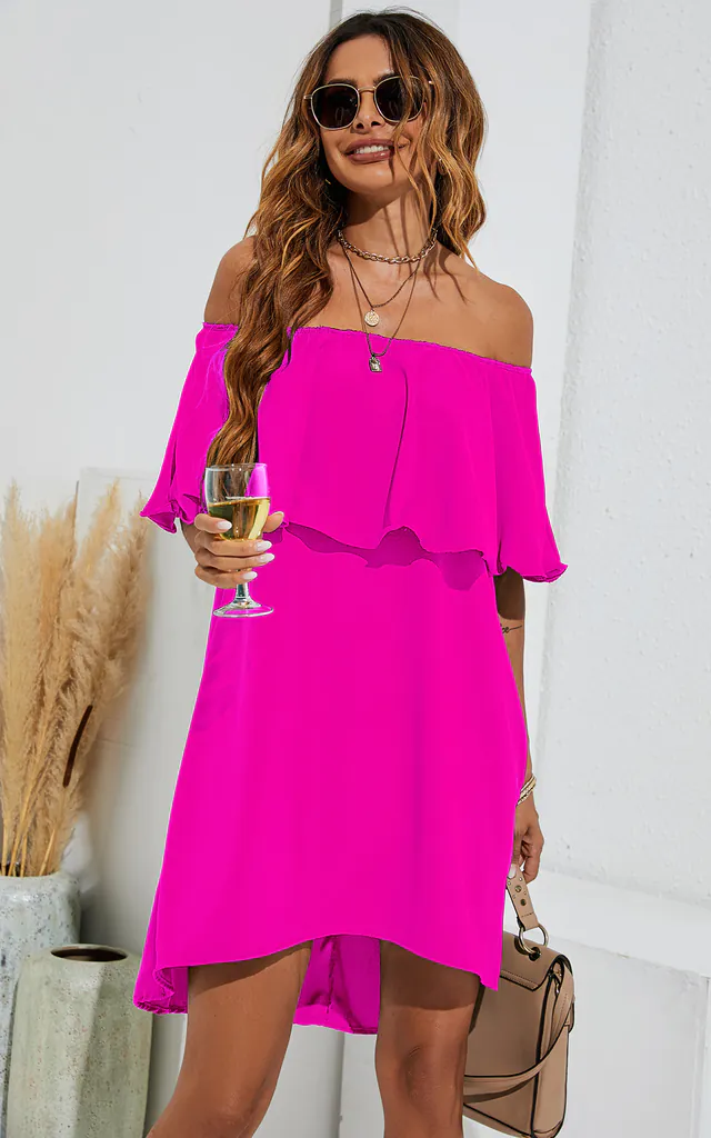 Bardot Frill Off Shoulder Mini Dress In Fuchsia Pink | FS Collection | SilkFred Bardot Frill Off Shoulder Mini Dress In Fuchsia Pink | FS Collection | SilkFred