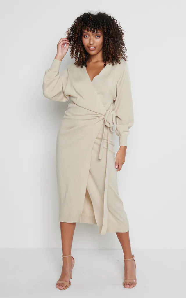 beige wrap midi dress Beige Skyline Wrap Midi Dress