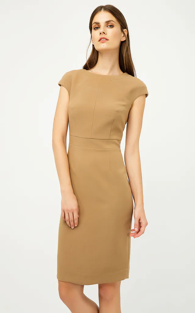Solid Colour Dress with Cap Sleeves Camel Color. | Conquista Fashion | SilkFred Solid Colour Dress with Cap Sleeves Camel Color. | Conquista Fashion | SilkFred