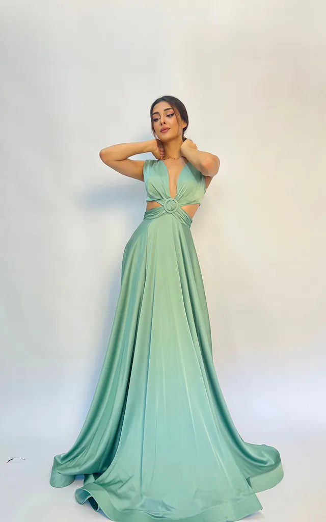Silky Satin Plunge Neck Maxi Prom Dress in Sage Green | Selene Couture | SilkFred Silky Satin Plunge Neck Maxi Prom Dress in Sage Green | Selene Couture | SilkFred