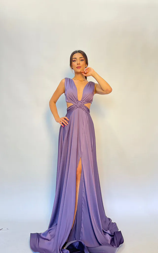 Silky Satin Plunge Neck Maxi Prom Dress in Purple Lavender | Selene Couture | SilkFred Silky Satin Plunge Neck Maxi Prom Dress in Purple Lavender | Selene Couture | SilkFred