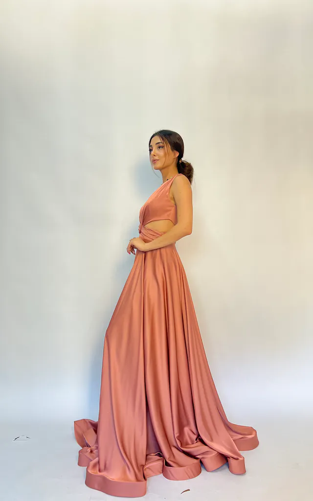 Silky Satin Plunge Neck Maxi Prom Dress in Peach | Selene Couture | SilkFred Silky Satin Plunge Neck Maxi Prom Dress in Peach | Selene Couture | SilkFred